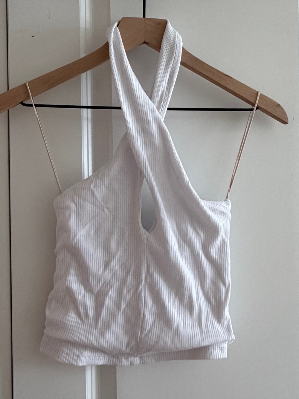 Aritzia White Cross-Front Ribbed Halter Tank Top
